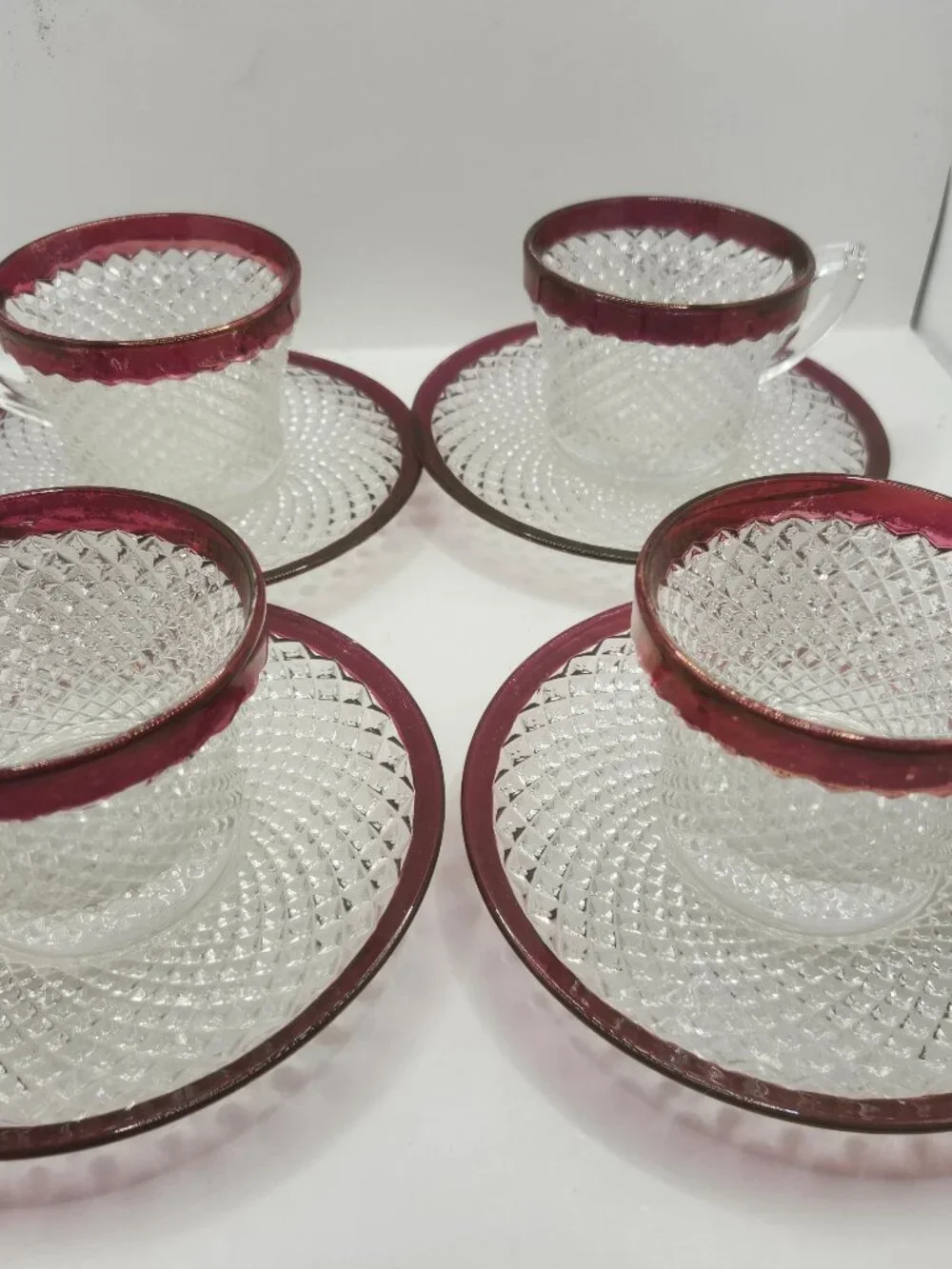 Vintage Set of 4 Indiana Glass Ruby Red Diamond Point Cups with Saucer Sets